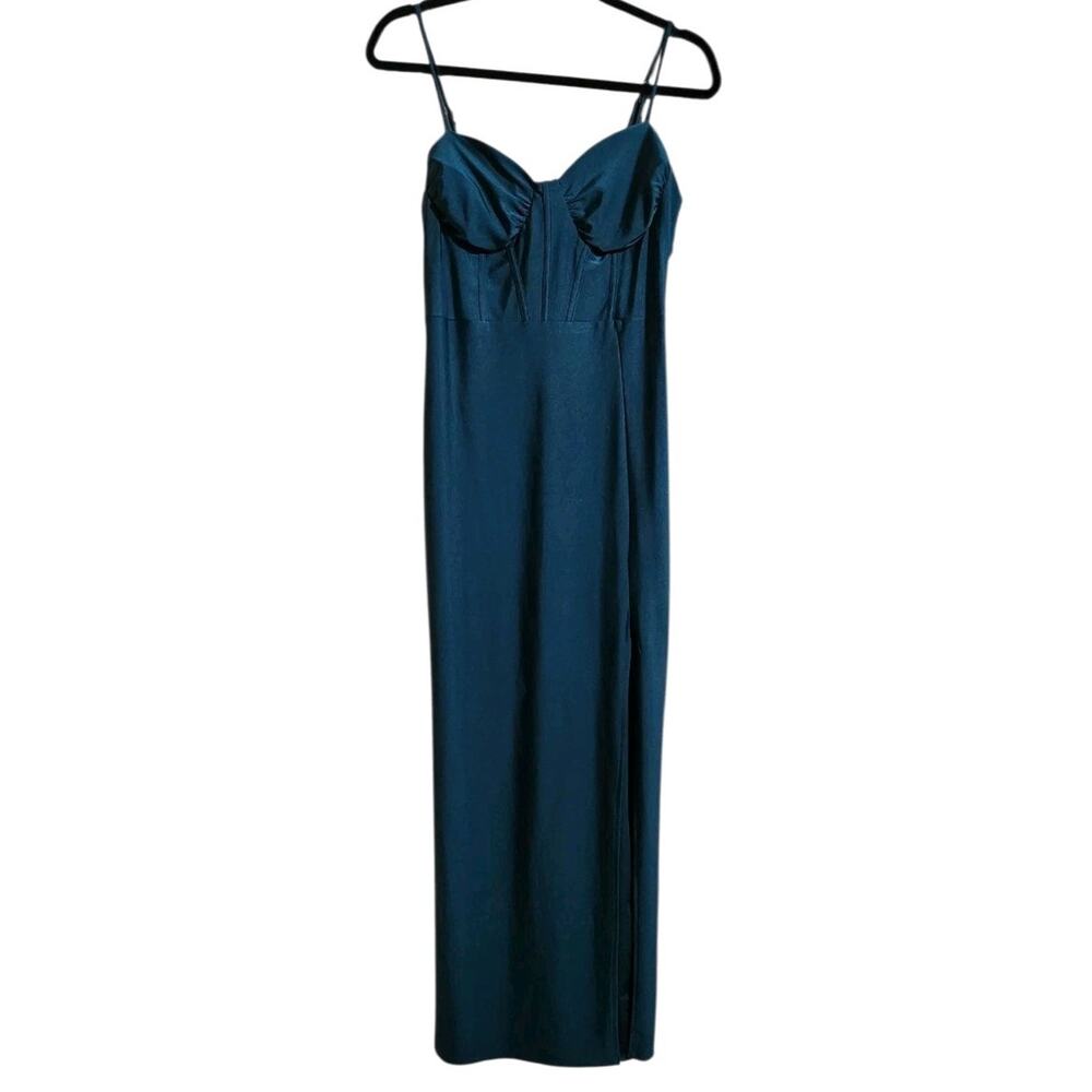 E.L.H. Studio Maxi Dress Women's L Blue Bodycon Stretch Corset Slit Adj Straps